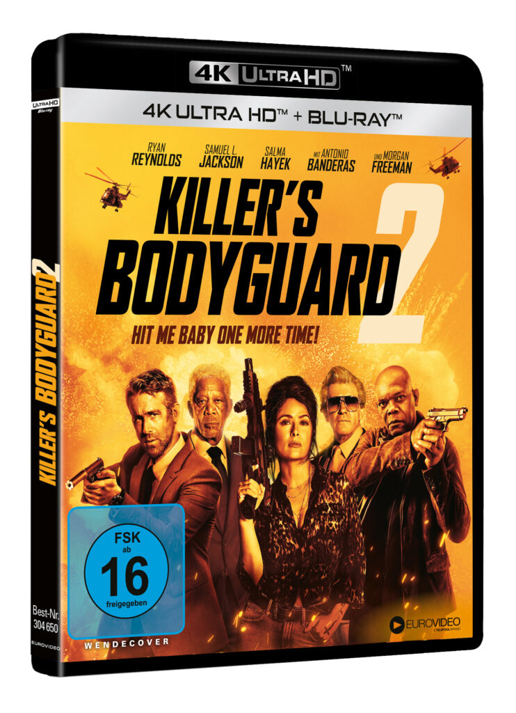 Die deutsche Version der 4K UHD von "Killer's Bodyguard 2" zeigt auf dem Cover die fünf namenhaftesten Darsteller des Films: Ryan Reynolds, Morgan Freeman, Salma Hayek, Antonio Banderas und Samuel L. Jackson von links nach rechts. Reynolds, Hayek und Jackson sind dabei bewaffnet, während Freeman und Banderas hintergründig von den Drein stehen. Das Cover ist gelb-orange mit schwarzer Schrift.